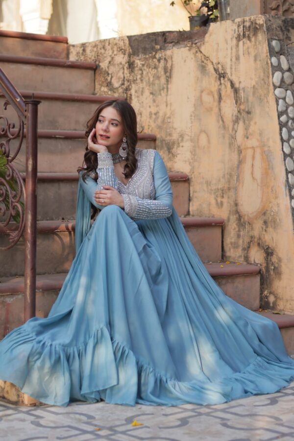 Sky Blue Embroidered Star Georgette Gown 3