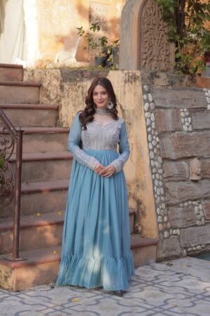 Sky Blue Embroidered Star Georgette Gown