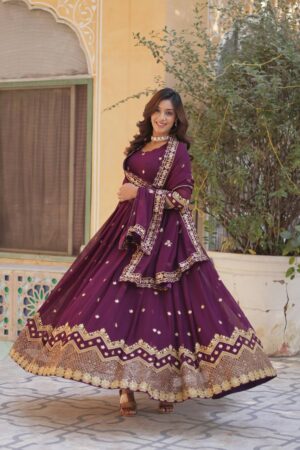 Wine Embroidered Faux Blooming Georgette Gown
