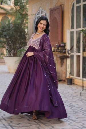 Wine Embroidered Star Georgette Gown