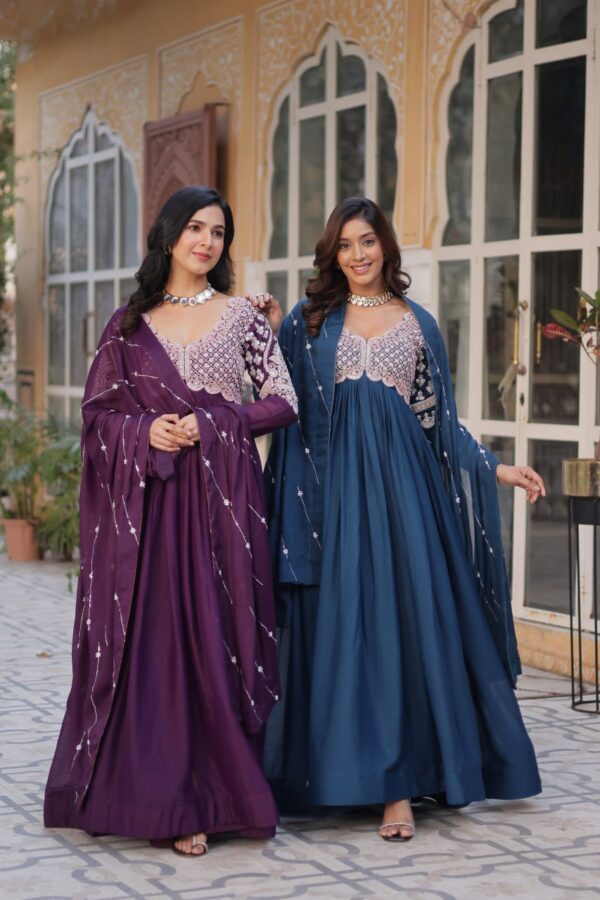 Wine Embroidered Star Georgette Gown 4