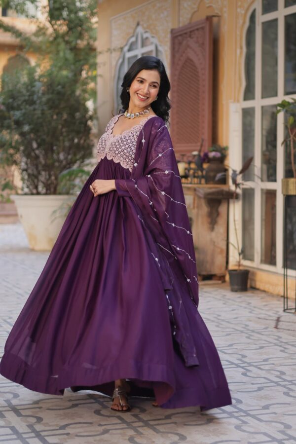 Wine Embroidered Star Georgette Gown