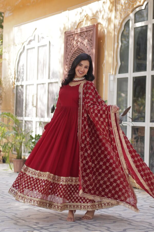 Wine Red Embroidered Faux Blooming Gown - Image 2
