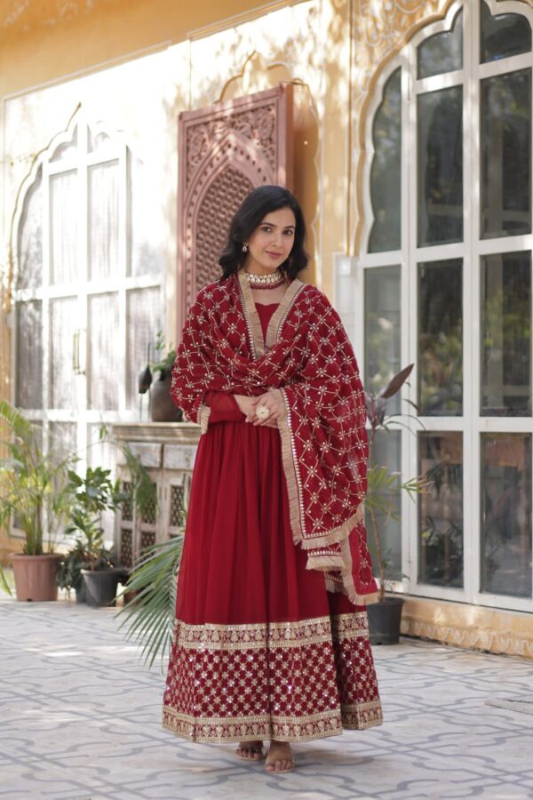 Wine Red Embroidered Faux Blooming Gown - Image 3