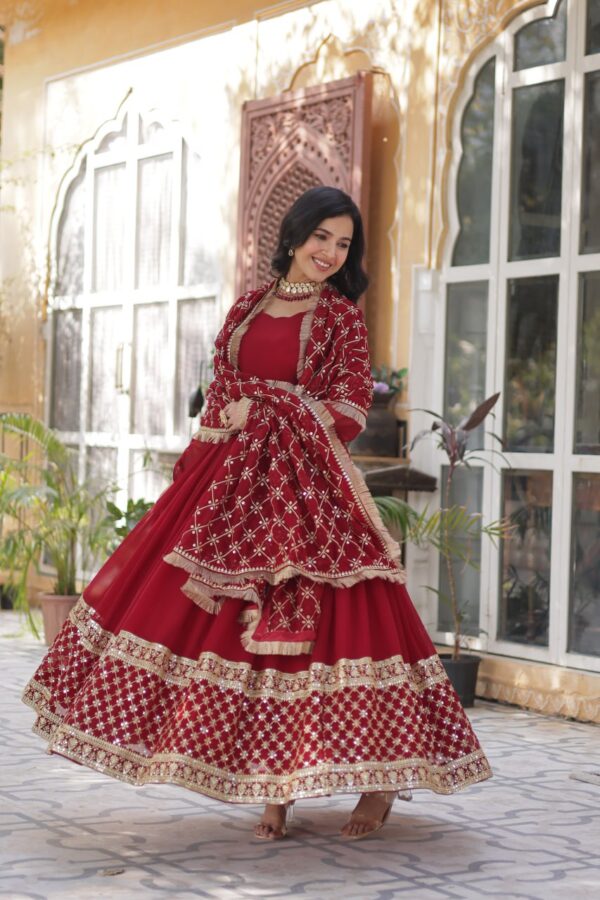 Wine Red Embroidered Faux Blooming Gown 3
