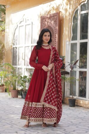 Wine Red Embroidered Faux Blooming Gown