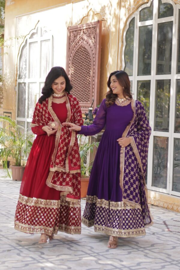 Wine Red Embroidered Faux Blooming Gown - Image 5